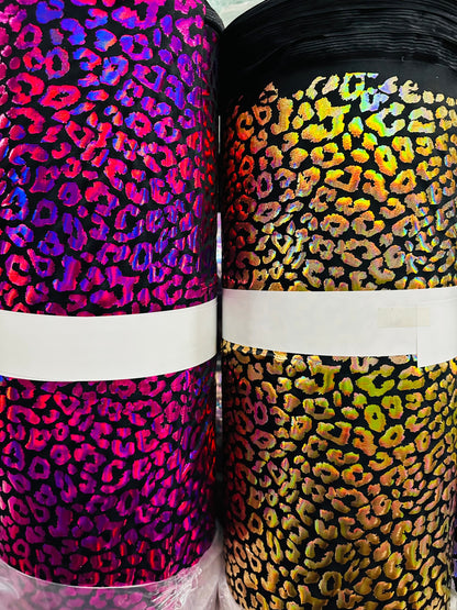 New Exotic Leopard design high quality of hologram metallic Stretch nylon spandex with foil 4-way stretch 58/60” Sold by the YD.