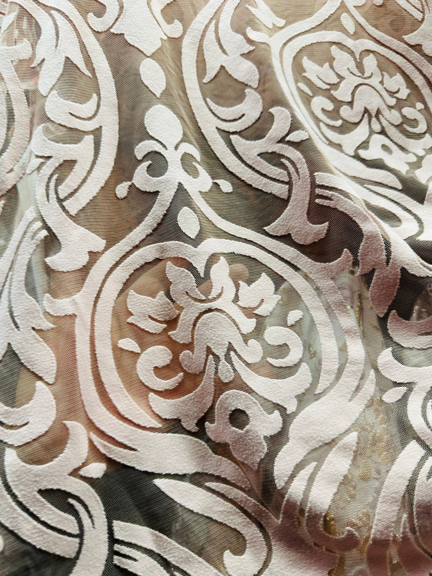 Damask design on stretch mesh with flocking 2-way stretch 58/60” Sold by the YD. Ships worldwide from Los Angeles California USA