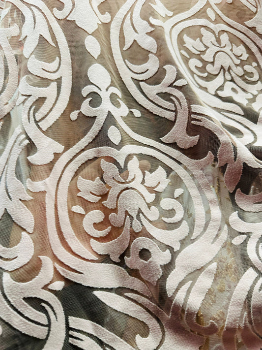 Damask design on stretch mesh with flocking 2-way stretch 58/60” Sold by the YD. Ships worldwide from Los Angeles California USA