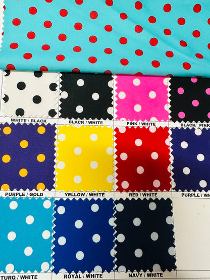 Polka dots design small size print on great quality of nylon spandex 4-way stretch 58/60” Sold by the YD. Ships worldwide from Los Angeles
