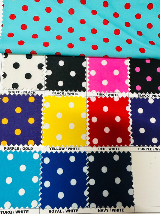 Polka dots design small size print on great quality of nylon spandex 4-way stretch 58/60” Sold by the YD. Ships worldwide from Los Angeles