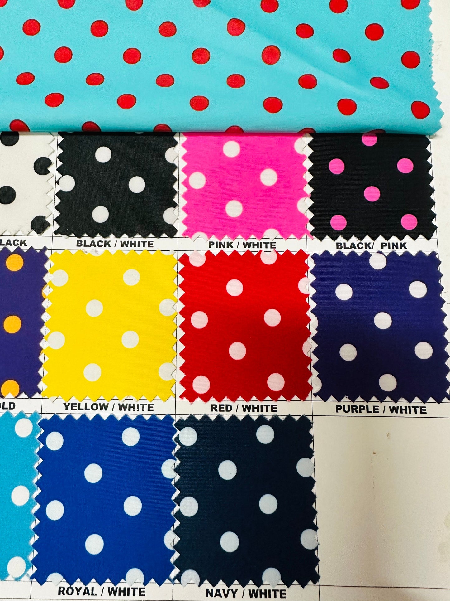 Polka dots design small size print on great quality of nylon spandex 4-way stretch 58/60” Sold by the YD. Ships worldwide from Los Angeles