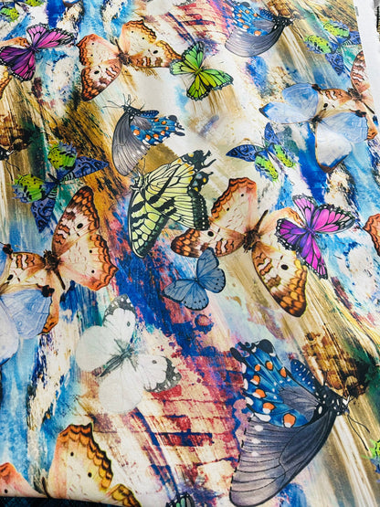 New Butterfly design Multicolor print on great quality of poly spandex 4-way stretch 58/60” Sold by the YD. Ships worldwide from L.A