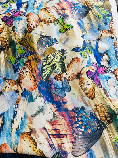 New Butterfly design Multicolor print on great quality of poly spandex 4-way stretch 58/60” Sold by the YD. Ships worldwide from L.A