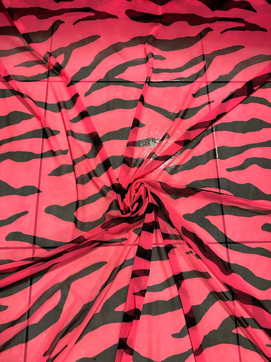 Exotic Zebra design Neon Pink/Black print on power mesh 4-way stretch 58/60” Sold by the YD. Ships Worldwide from Los Angeles California USA