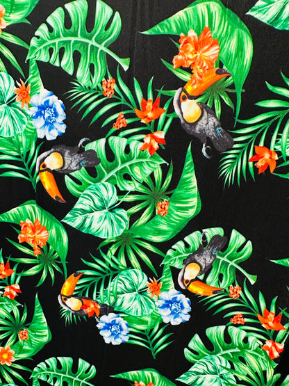 New tropical with Toucan design print on best quality of nylon spandex 4-way stretch 58/60” Sold by the YD. Ships worldwide from Los Angeles
