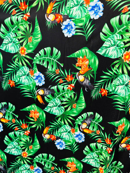 New tropical with Toucan design print on best quality of nylon spandex 4-way stretch 58/60” Sold by the YD. Ships worldwide from Los Angeles