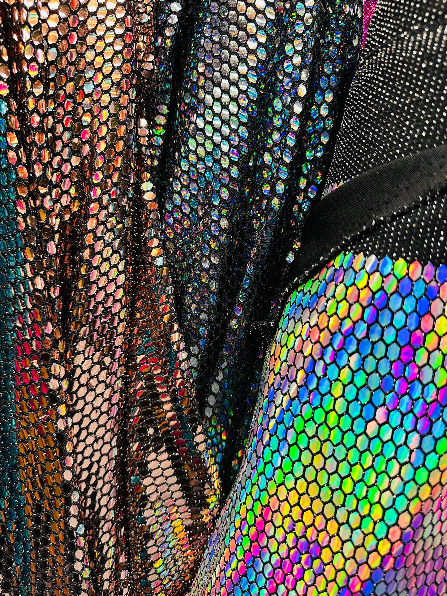 Honeycomb geometric design metallic spandex with shiny sequins 2-way stretch 58/60” Sold by the YD. Ships worldwide from L.A