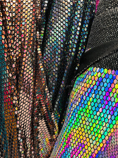 Honeycomb geometric design metallic spandex with shiny sequins 2-way stretch 58/60” Sold by the YD. Ships worldwide from L.A