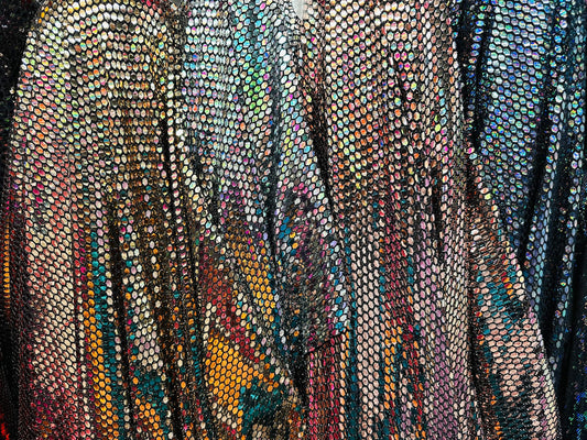 Honeycomb geometric design metallic spandex with shiny sequins 2-way stretch 58/60” Sold by the YD. Ships worldwide from L.A