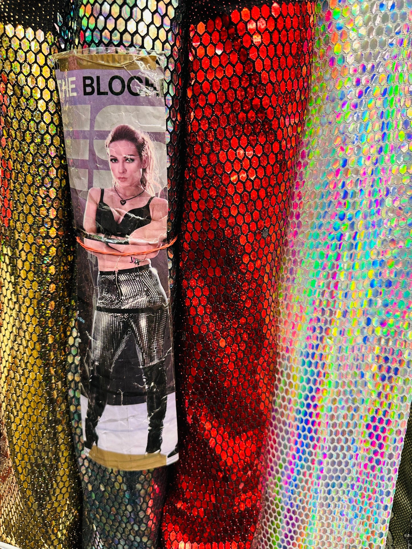 Honeycomb geometric design metallic spandex with shiny sequins 2-way stretch 58/60” Sold by the YD. Ships worldwide from Los Angeles Califor