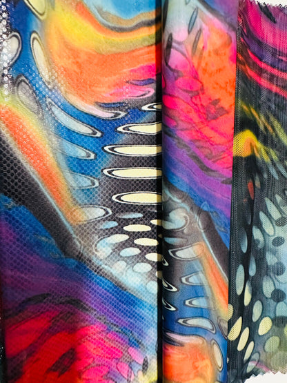 Abstract Aquarius design print on great quality of nylon spandex, power mesh, nylon spandex with clear dots and nylon spandex hologram foil