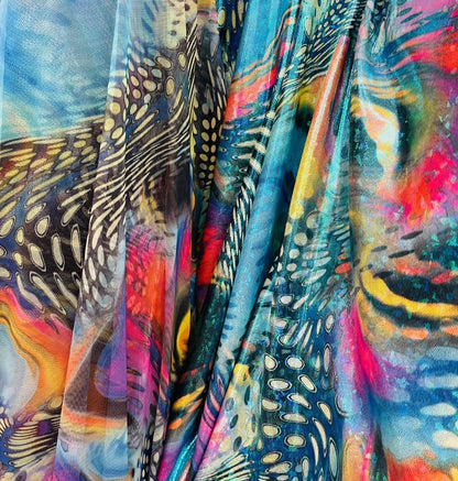 Abstract Aquarius design print on great quality of nylon spandex, power mesh, nylon spandex with clear dots and nylon spandex hologram foil