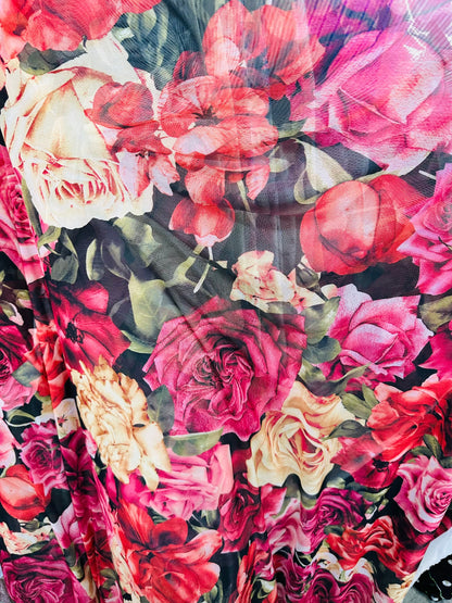 Flowers design print on great quality of nylon spandex power mesh 4-way stretch 58/60” Sold by the YD. Ships worldwide from L.A