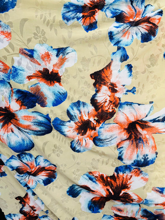 Cattleya Orchid flower design print on burnout mesh 4-way stretch 58/60” Sold by the YD. Ships worldwide from Los Angeles California USA.