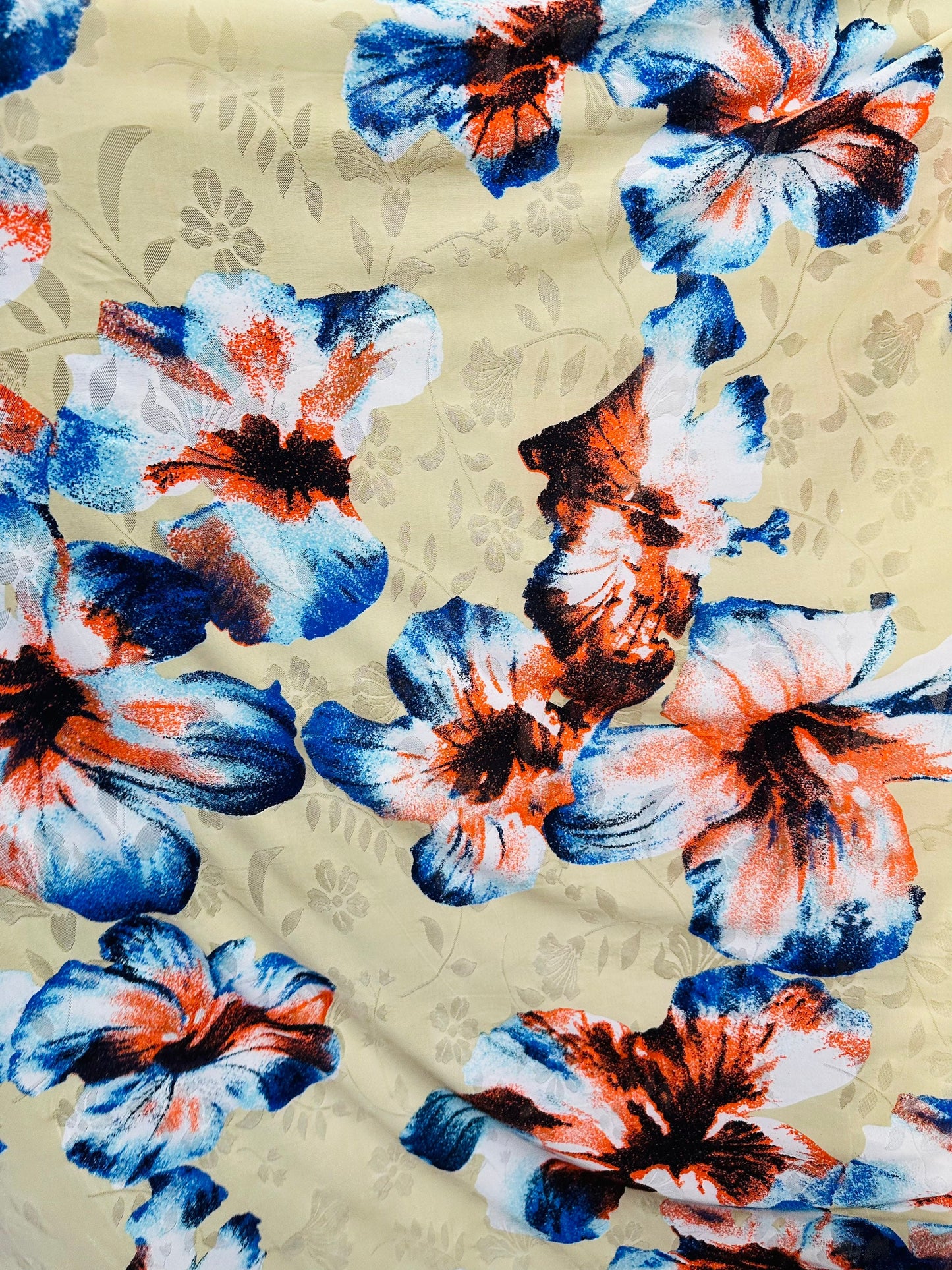 Cattleya Orchid flower design print on burnout mesh 4-way stretch 58/60” Sold by the YD. Ships worldwide from Los Angeles California USA.