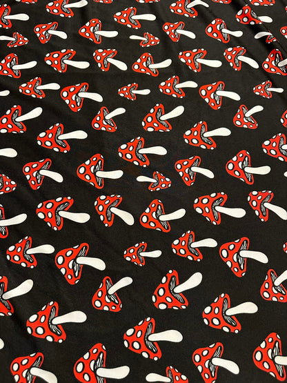 New Mushrooms designs Black/Red print on nylon spandex 4-way stretch 58/60” Sold by the YD. Ships worldwide from Los Angeles California USA