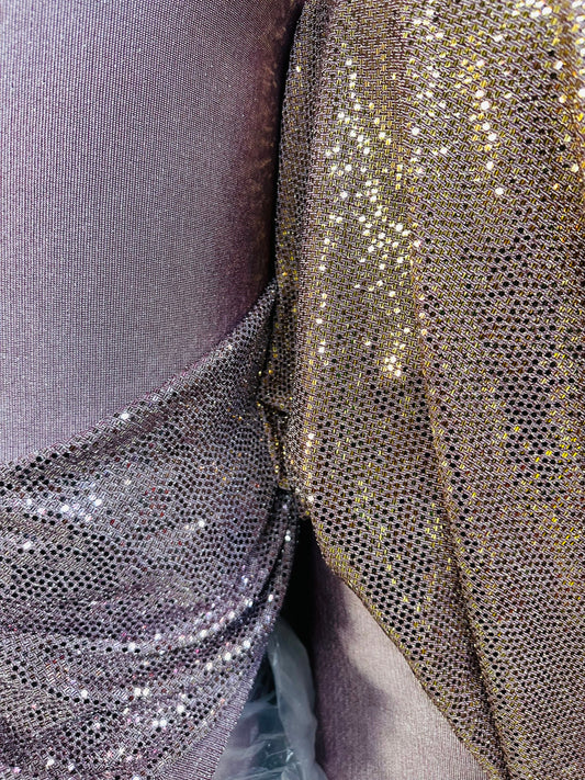 Mini disco shiny sequins on metallic poly spandex 2-way stretch 58/50” Sold by the YD. Ships worldwide from Los Angeles California USA