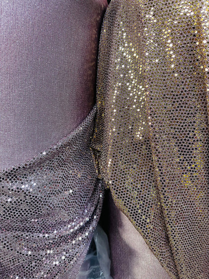 Mini disco shiny sequins on metallic poly spandex 2-way stretch 58/50” Sold by the YD. Ships worldwide from Los Angeles California USA