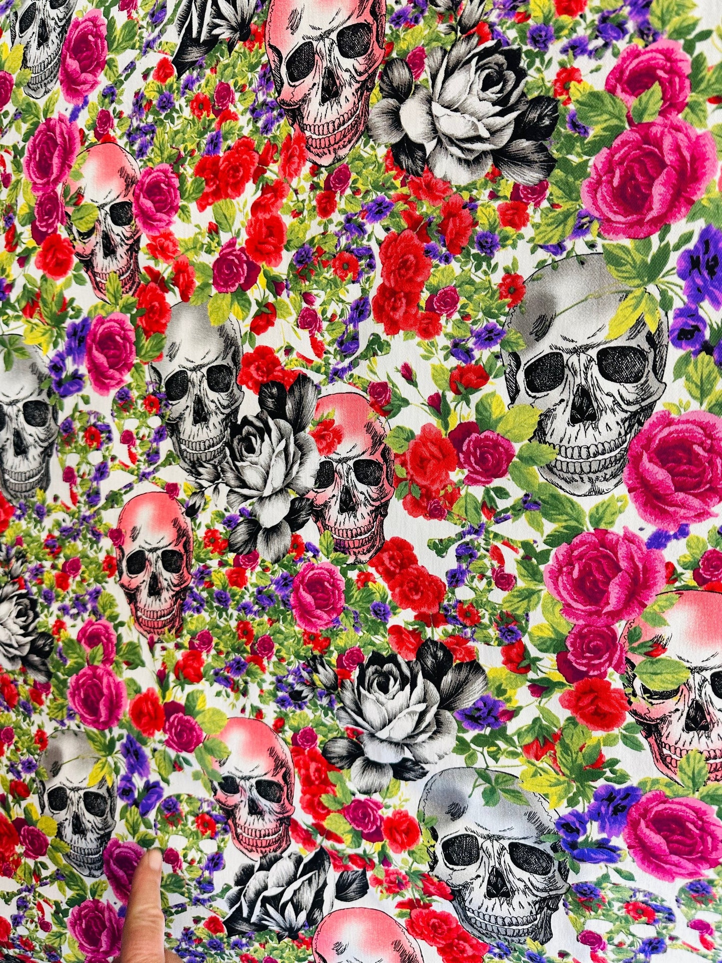 Skull and flowers design print on great quality of stretch twill 2-way stretch 50/52” Sold by the YD. Ships worldwide from L.A