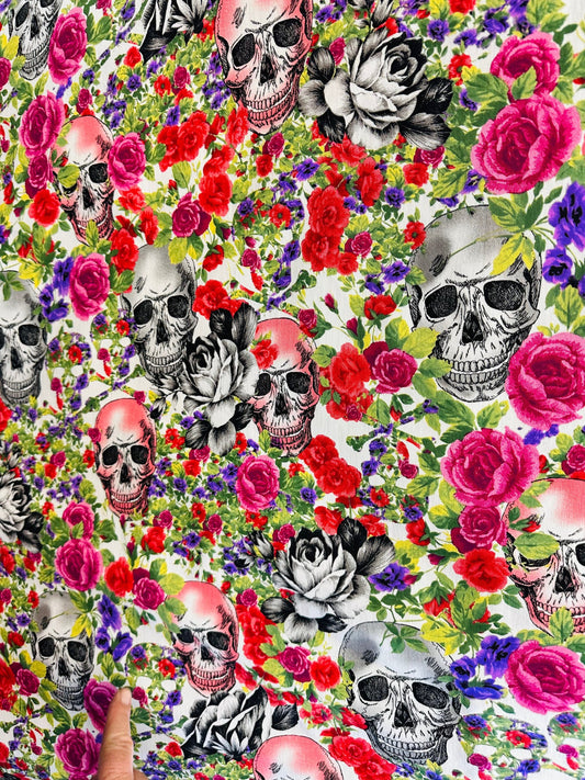 Skull and flowers design print on great quality of stretch twill 2-way stretch 50/52” Sold by the YD. Ships worldwide from L.A