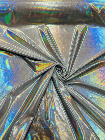 Oil slick design iridescent white silver foggy foil hologram metallic nylon spandex 4-way stretch 58/60” Sold by the YD.