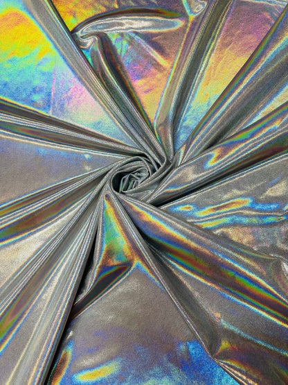 Oil slick design iridescent white silver foggy foil hologram metallic nylon spandex 4-way stretch 58/60” Sold by the YD.