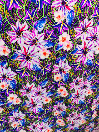 Flower design multicolor print on best quality of nylon spandex 4-way stretch 58/60” Sold by the YD. Ships worldwide from L.A