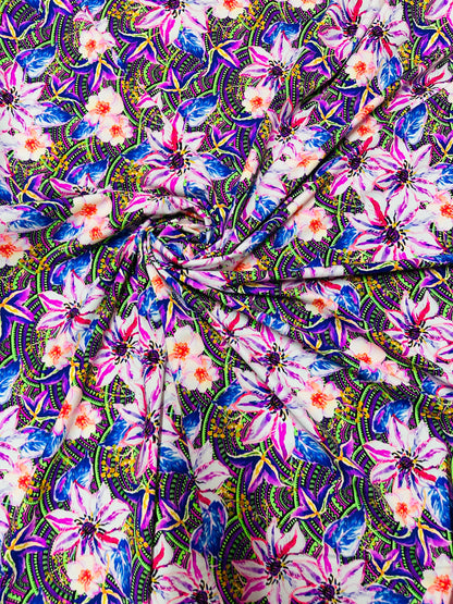 Flower design multicolor print on best quality of nylon spandex 4-way stretch 58/60” Sold by the YD. Ships worldwide from L.A