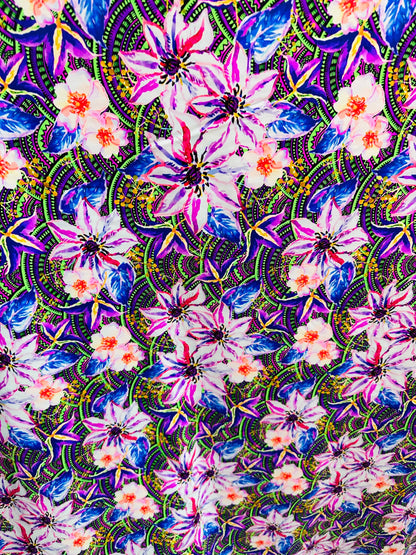 Flower design multicolor print on best quality of nylon spandex 4-way stretch 58/60” Sold by the YD. Ships worldwide from L.A