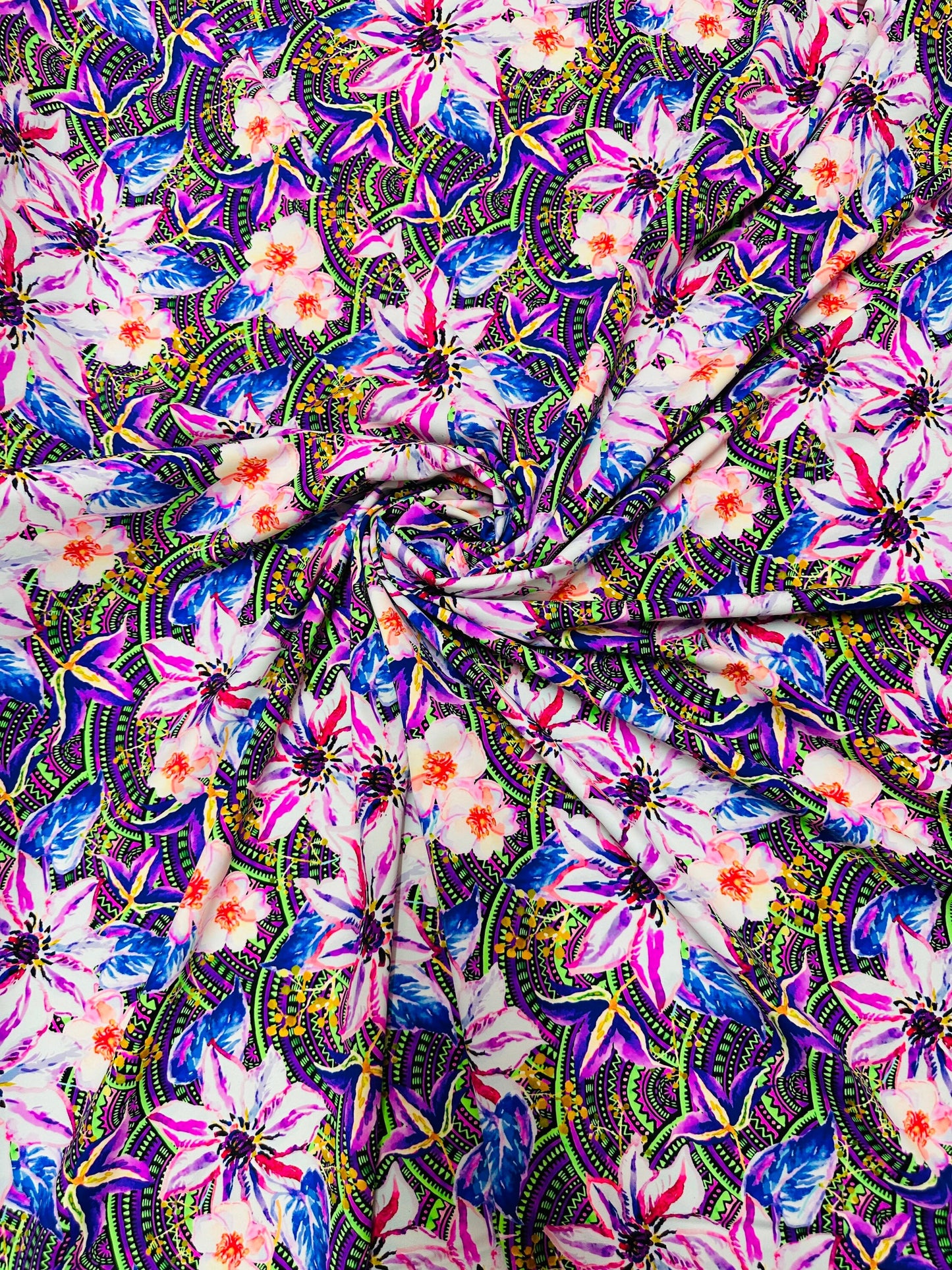 Flower design multicolor print on best quality of nylon spandex 4-way stretch 58/60” Sold by the YD. Ships worldwide from L.A