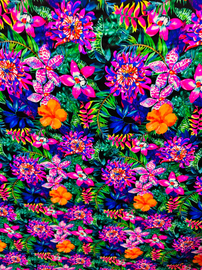 Colorful tropical design print on best quality of nylon spandex 4-way stretch 58/60” Sold by the YD. Ships worldwide from L.A