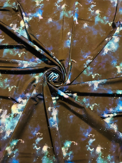 New Galaxy celestial design black & blue print on best quality of nylon spandex 4-way stretch 58/60”