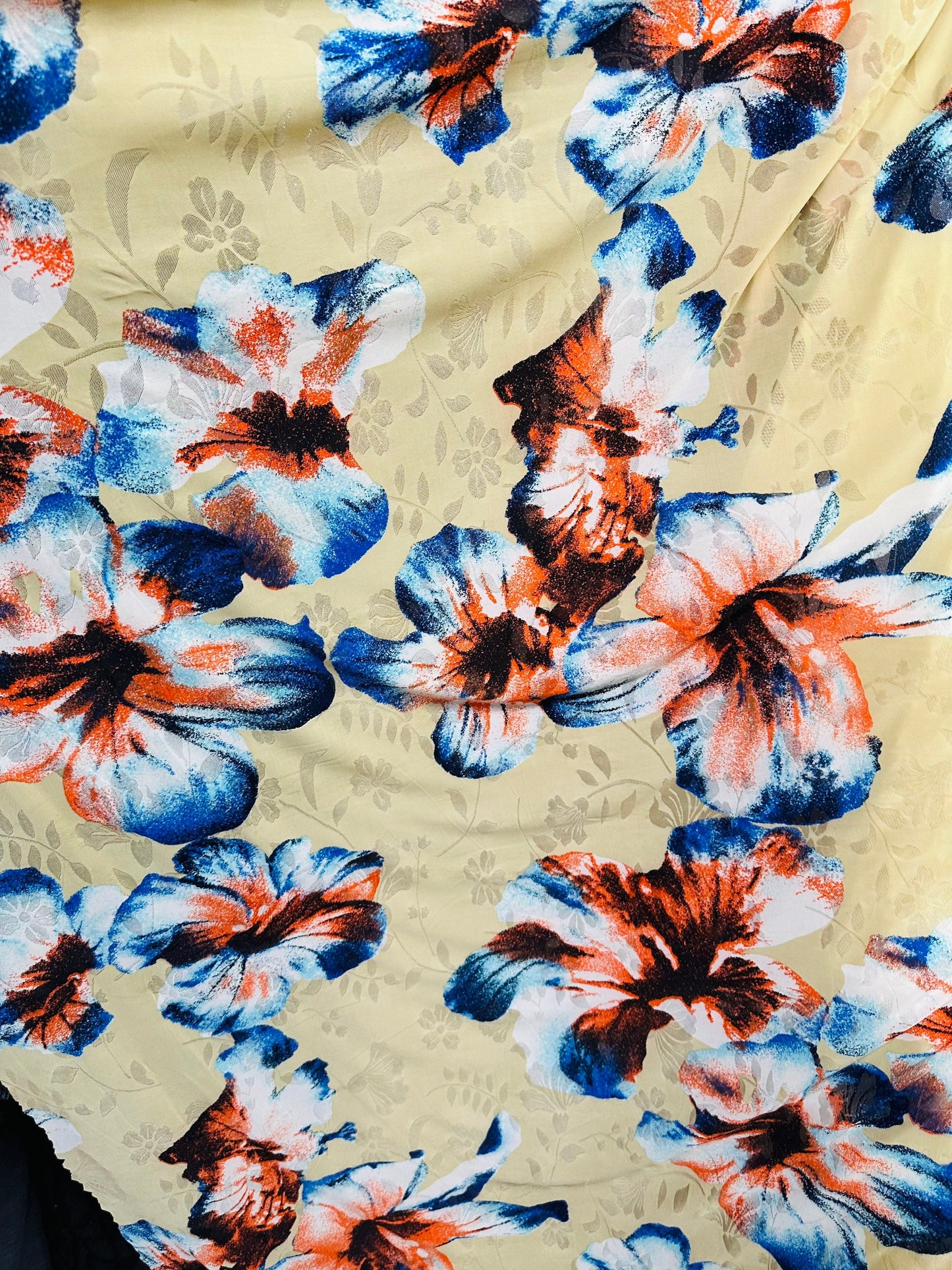 Cattleya Orchid flower design print on burnout mesh 4-way stretch 58/60” Sold by the YD. Ships worldwide from Los Angeles California USA.