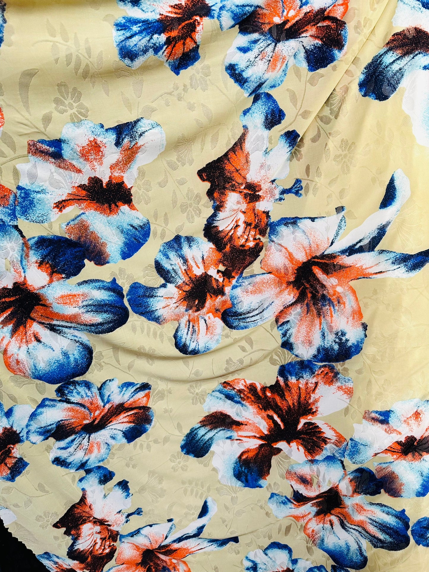 Cattleya Orchid flower design print on burnout mesh 4-way stretch 58/60” Sold by the YD. Ships worldwide from Los Angeles California USA.