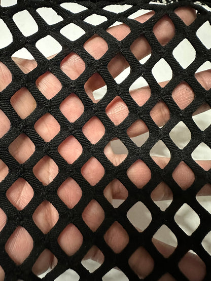 Jumbo size black diamond fishnet nylon spandex 2-way stretch 58/60” Sold by the YD. Ships worldwide from Los Angeles California USA