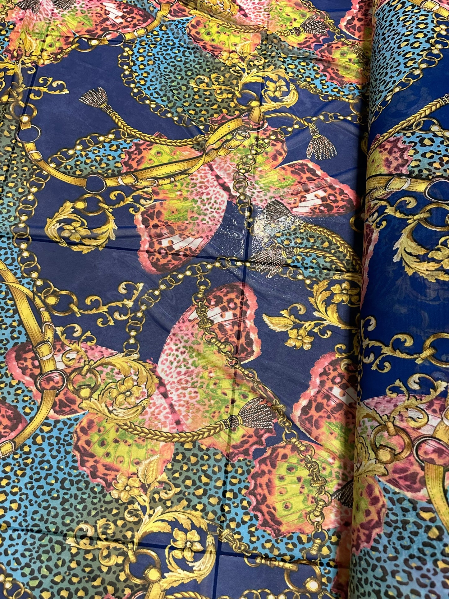 New fashion brand design sapphire/Multi print on great quality of power mesh 4-way stretch 58/60” Sold by the YD. Ships worldwide from Los