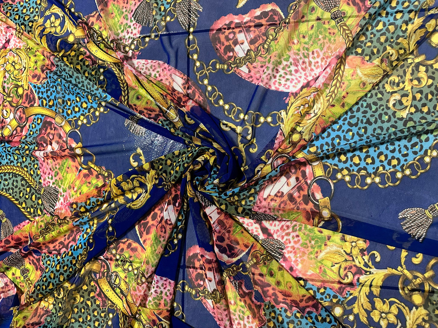 New fashion brand design sapphire/Multi print on great quality of power mesh 4-way stretch 58/60” Sold by the YD. Ships worldwide from Los