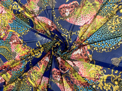 New fashion brand design sapphire/Multi print on great quality of power mesh 4-way stretch 58/60” Sold by the YD. Ships worldwide from Los