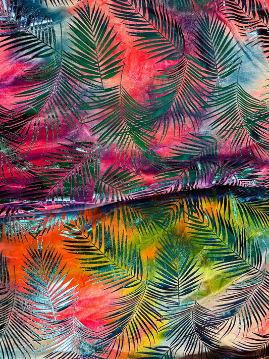 New Miami Tropical design luxury tie dye velvet with foil 4-way stretch 58/60” Sold by the YD. Ships worldwide from L.A