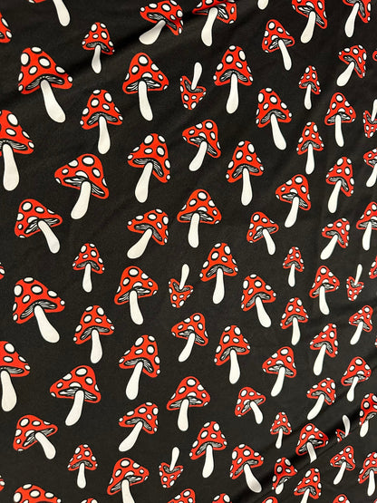 New Mushrooms designs Black/Red print on nylon spandex 4-way stretch 58/60” Sold by the YD. Ships worldwide from Los Angeles California USA