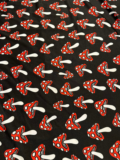 New Mushrooms designs Black/Red print on nylon spandex 4-way stretch 58/60” Sold by the YD. Ships worldwide from Los Angeles California USA