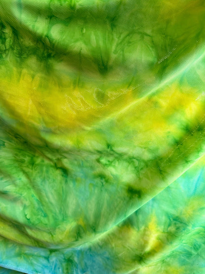 Tie dye design aqua/yellow metallic nylon spandex 4-way stretch 58/60” Sold by the YD. Ships worldwide from Los Angeles California USA