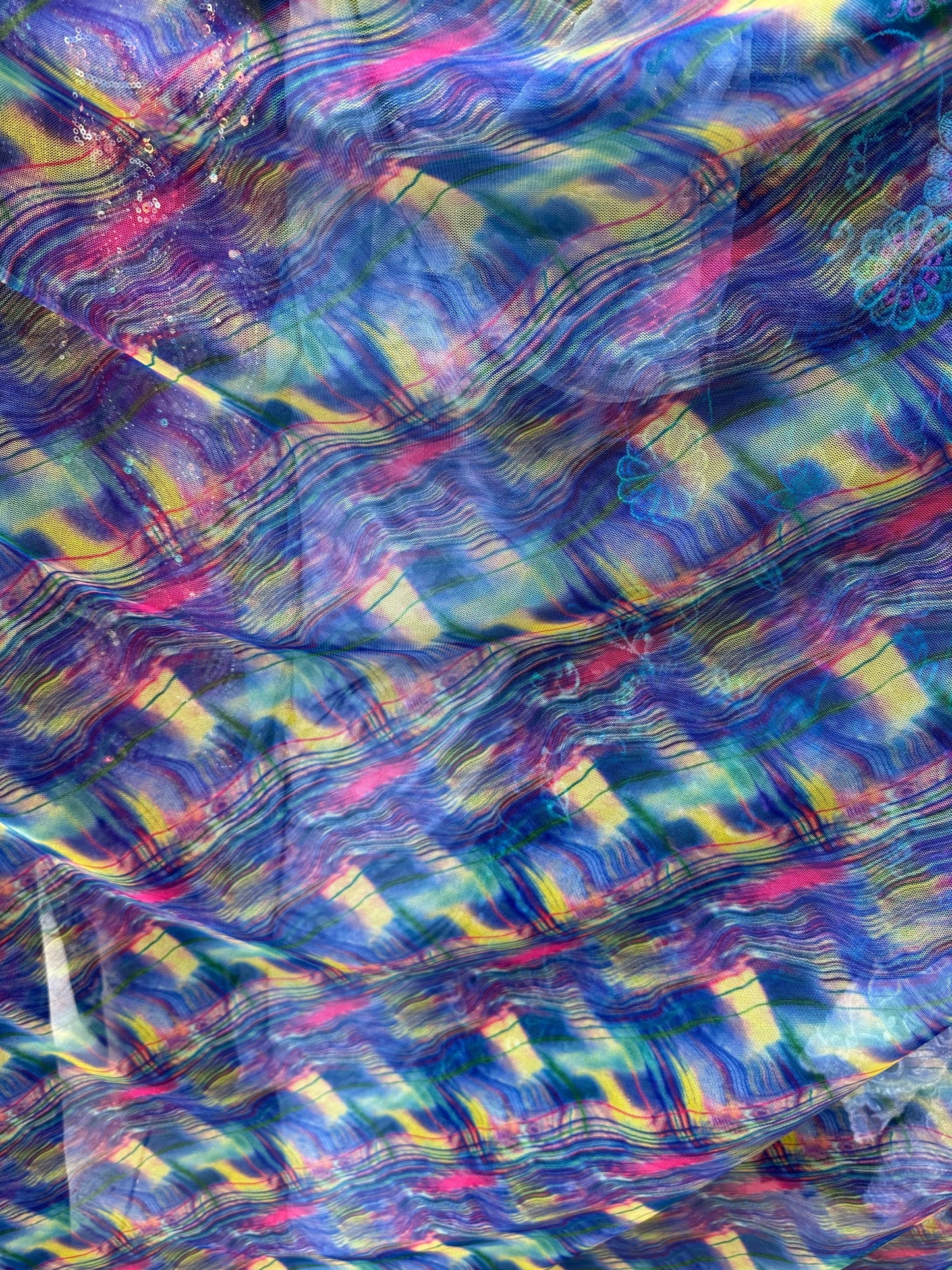 New abstract design blue multi print on power mesh 4-way stretch 58/60” Sold by the YD. Ships worldwide from Los Angeles California USA