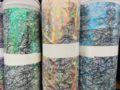 New Modern Pollock abstract design hologram metallic nylon spandex 4-way stretch 58/60” Sold by the YD.