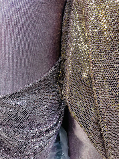 Mini disco shiny sequins on metallic poly spandex 2-way stretch 58/50” Sold by the YD. Ships worldwide from Los Angeles California USA