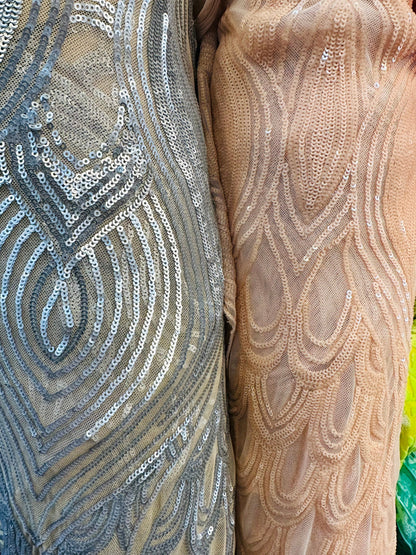 New Luxury peacock design embroidered sequins on stretch power mesh 4-way stretch 58/60”