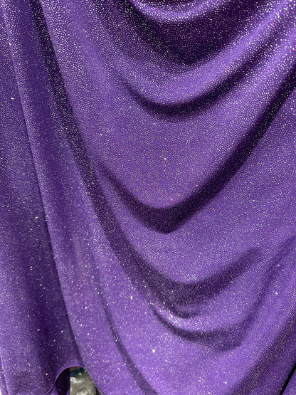 Selena design eggplant/silver poly spandex with glitter 4-way stretch 58/60” Sold by the YD. Ships worldwide from Los Angeles California USA