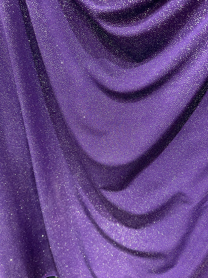Selena design eggplant/silver poly spandex with glitter 4-way stretch 58/60” Sold by the YD. Ships worldwide from Los Angeles California USA