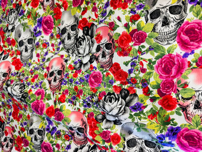 Skull and flowers design print on great quality of stretch twill 2-way stretch 50/52” Sold by the YD. Ships worldwide from L.A